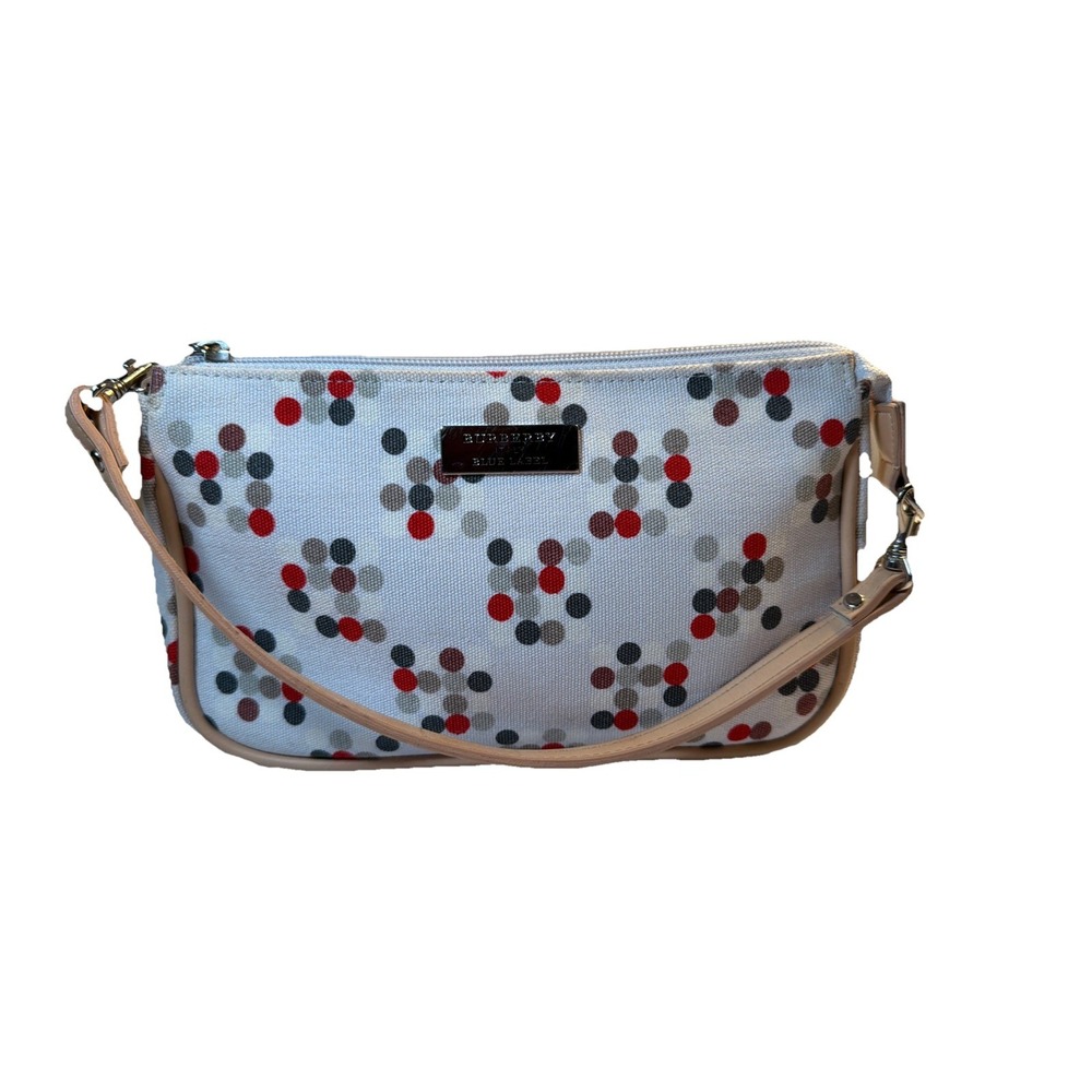 Burberry Blue Label Small Canvas Shoulder Bag Polka Dot Leather Trim Beige